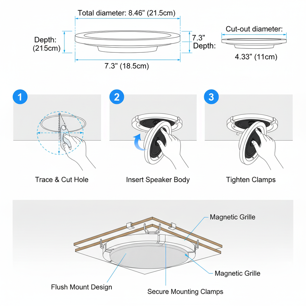Ceiling speaker installation guide: 8.46 inch diameter, 7.3 inch cutout, 4.33 inch depth dimensions