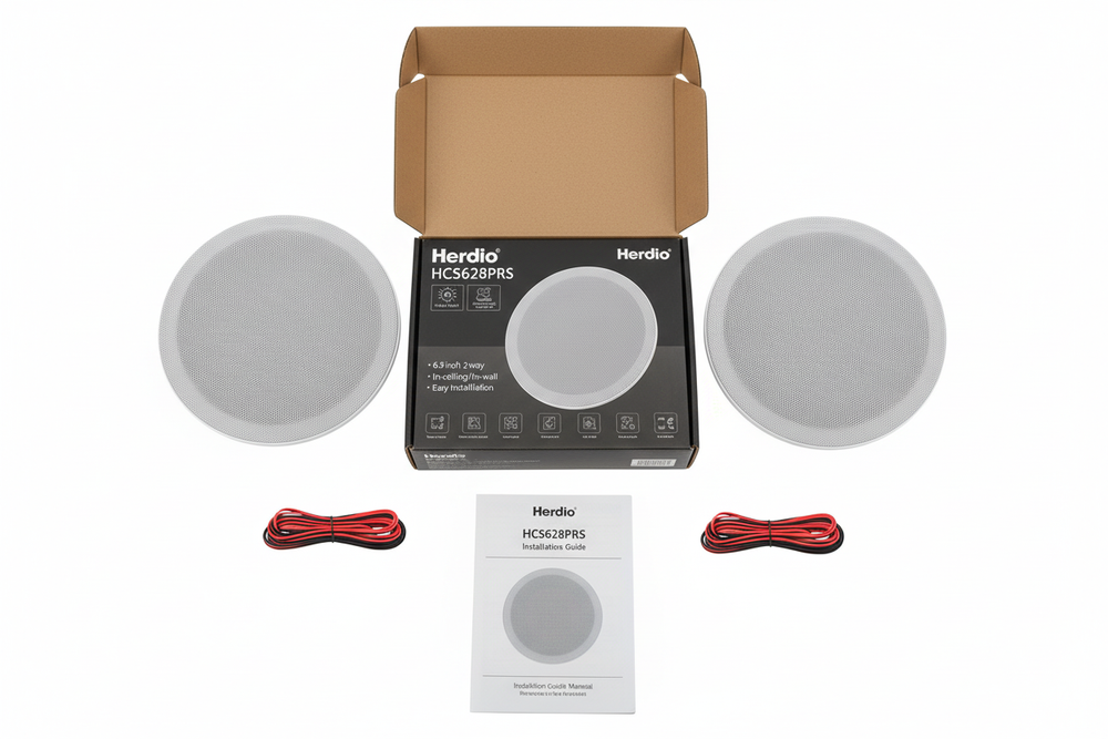Ceiling speaker package contents: pair of 6.5 inch speakers, connecting wires, installation manual included