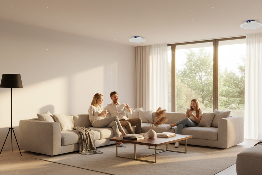 Herdio ceiling speakers installed in modern living room - flush-mount design for seamless home theater integration