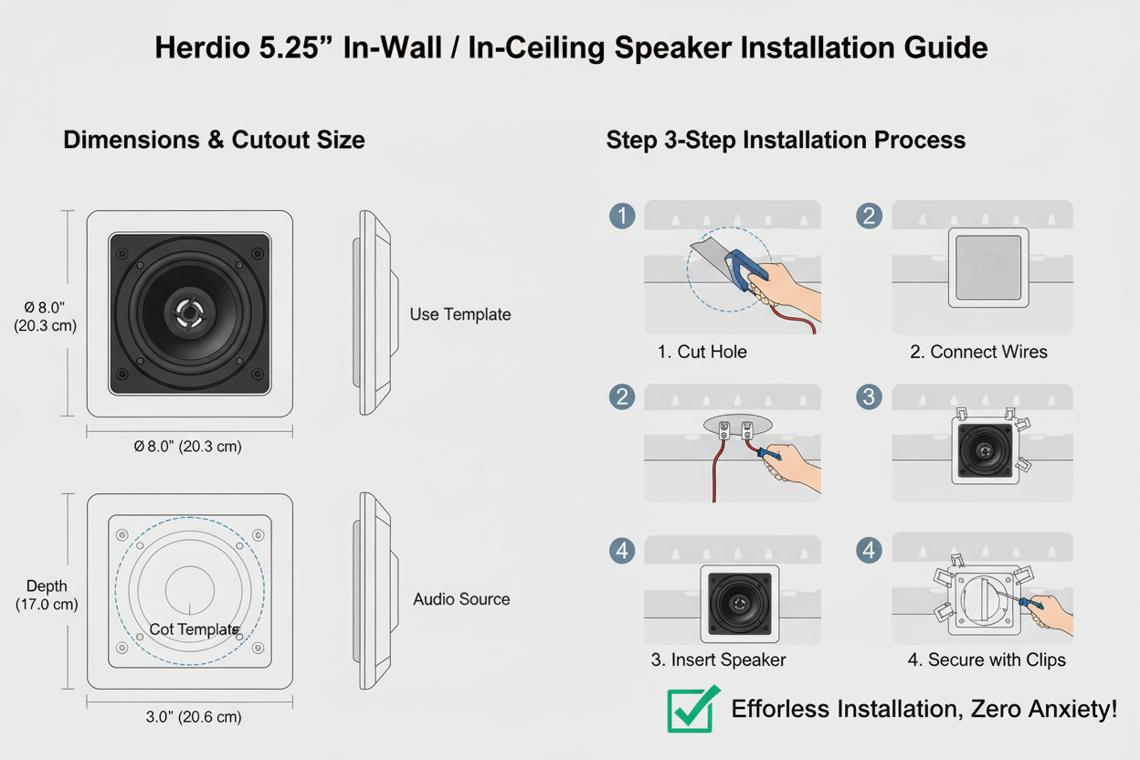 Step-by-step installation guide for Herdio HCS5022BT ceiling and wall mount speakers