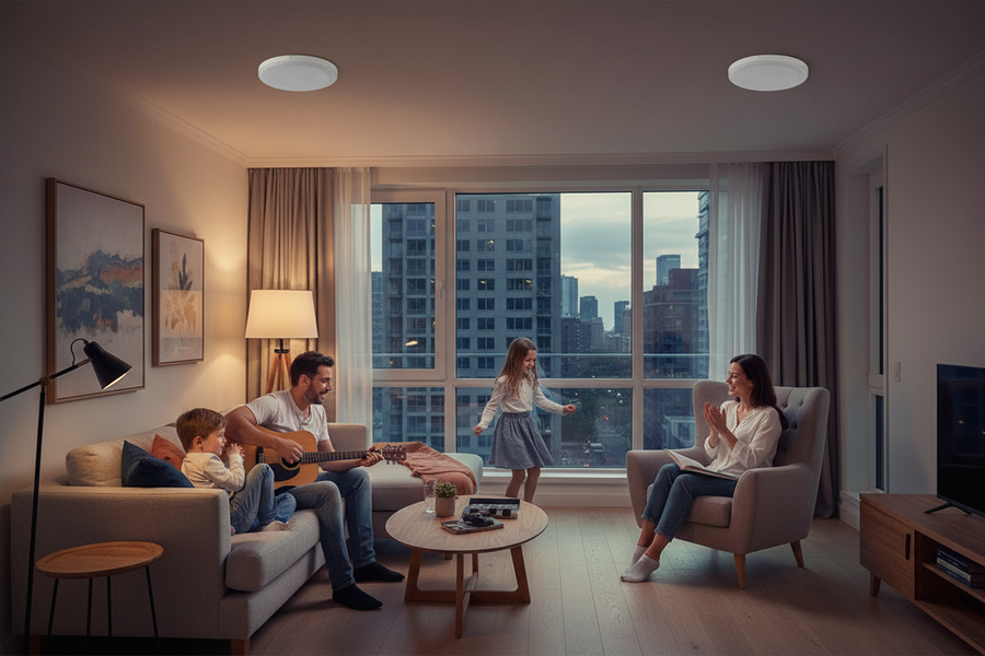 Herdio Bluetooth ceiling speakers in elegant living room providing wireless home audio entertainment
