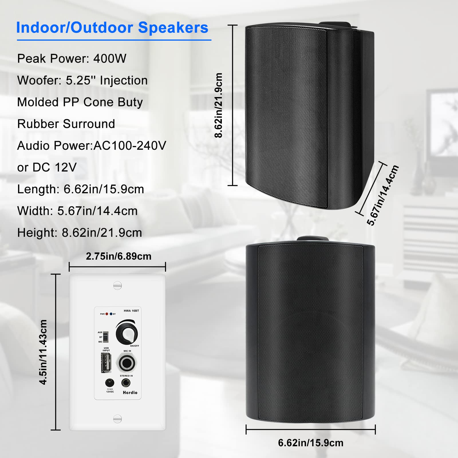 Herdio 5.25'' 200 Watts Outdoor Patio Bluetooth Speaker All Weather Wall  Mount System