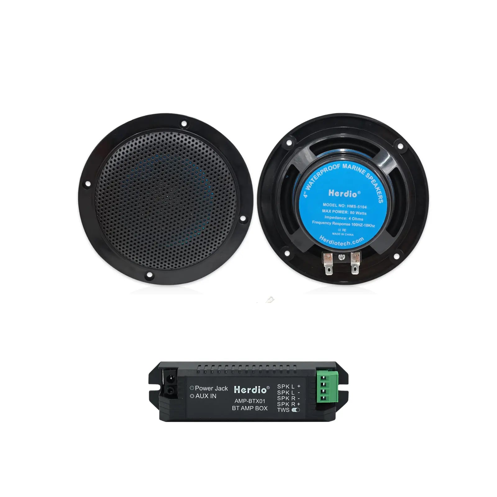 Herdio 4" Bluetooth Marine Speakers 160 Watts 2-Way Waterproof Audio for Vehicles and Boats