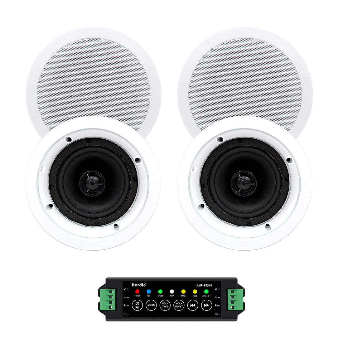 Herdio 5.25 inch Bluetooth ceiling speakers 600W wireless audio system white grille