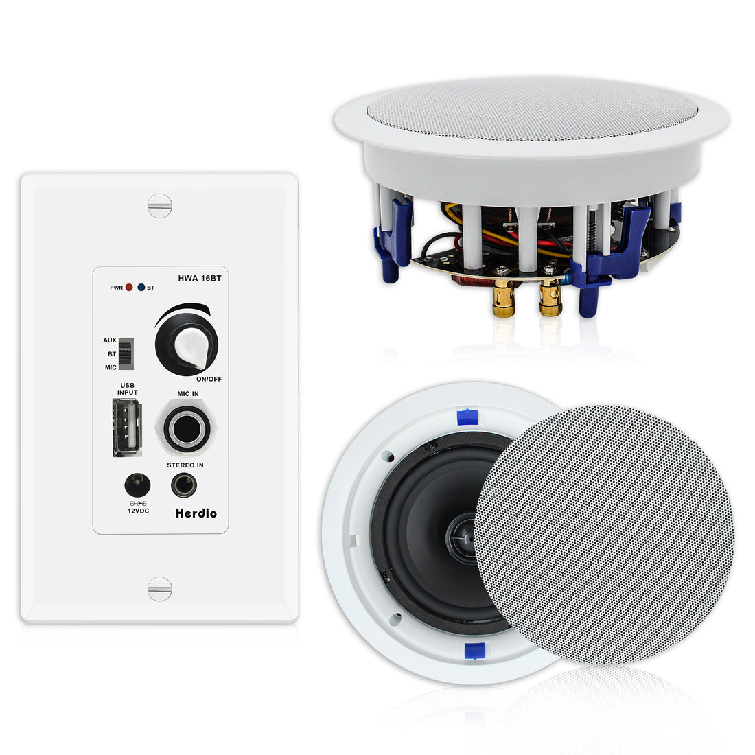 Herdio 6.5 inch Bluetooth ceiling speakers 320W with flush mount design for home theater and office