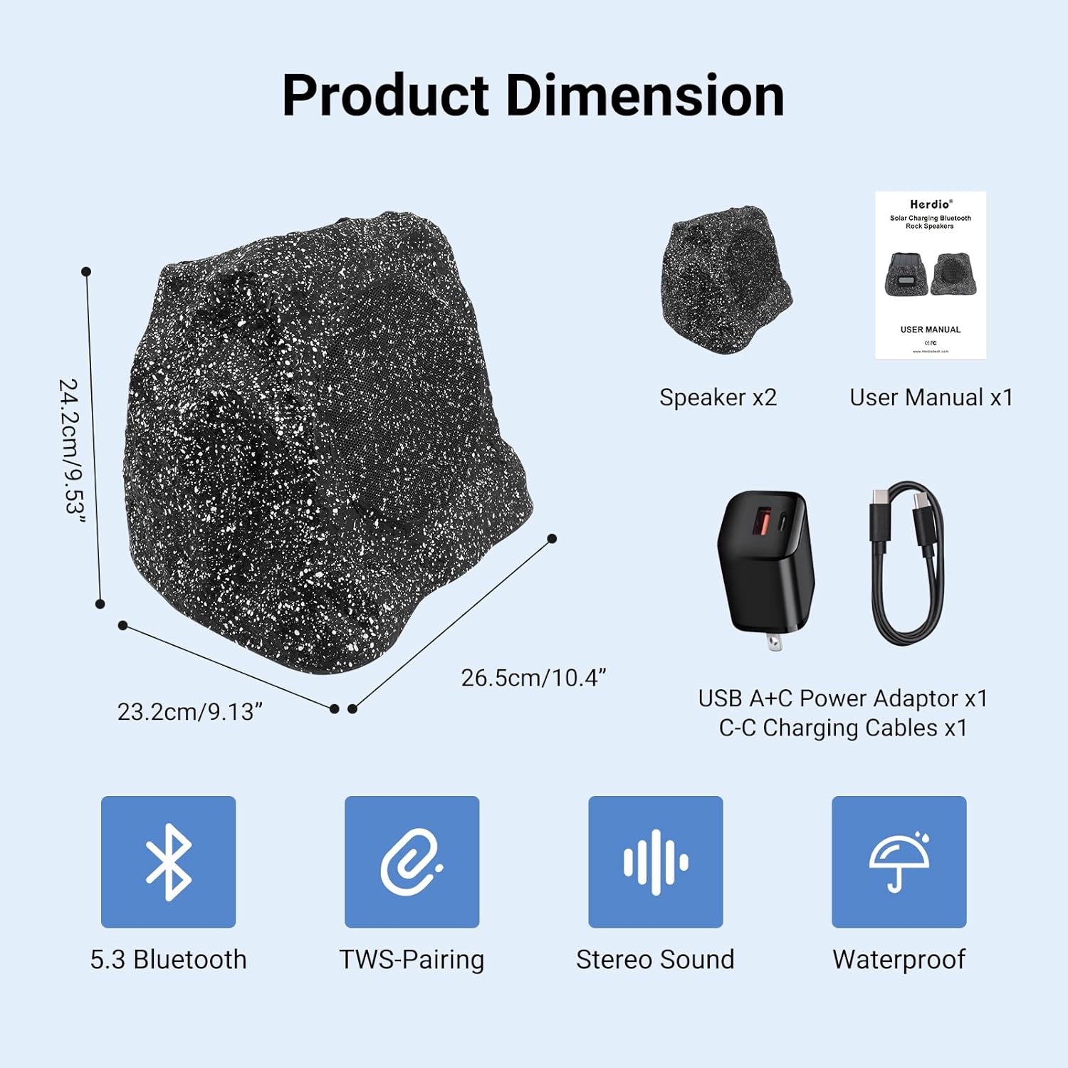 Herdio Rock Bluetooth Speakers Outdoor Waterproof Solar Max 160-240 Watt-4"