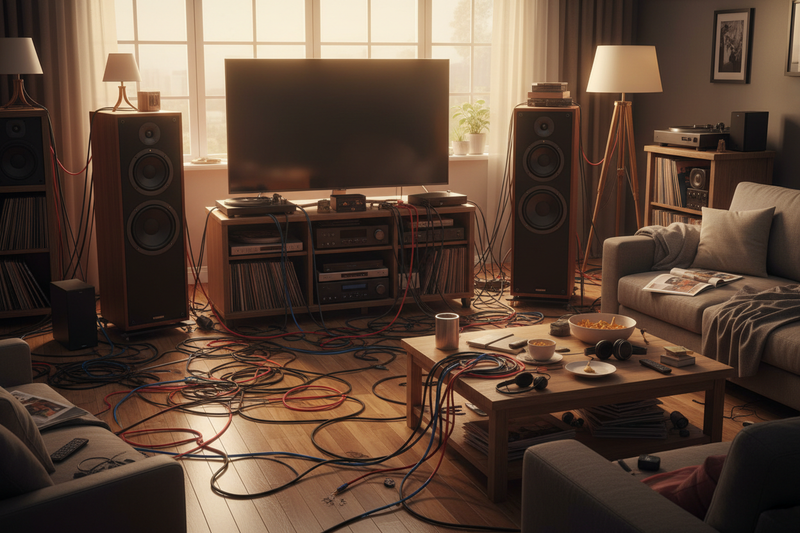 Before - Bulky speakers and cable mess