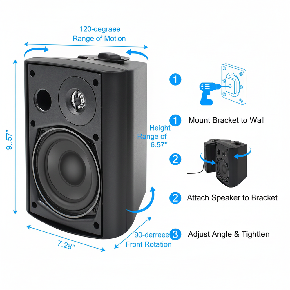 Herdio outdoor speaker installation guide showing dimensions mounting bracket options and 120-degree swivel adjustment for optimal sound placement
