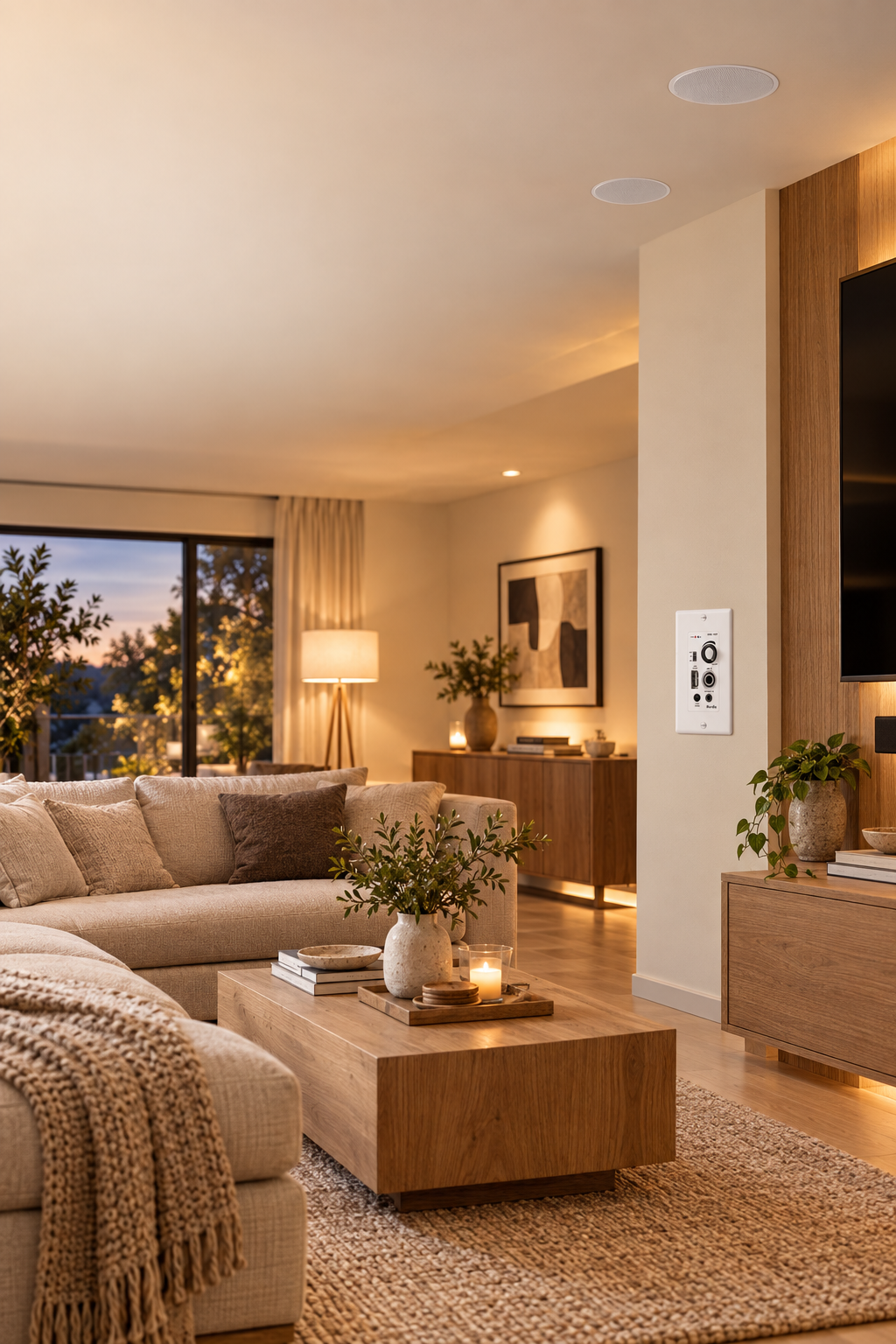 Herdio ceiling speakers and wall amplifier in a living room