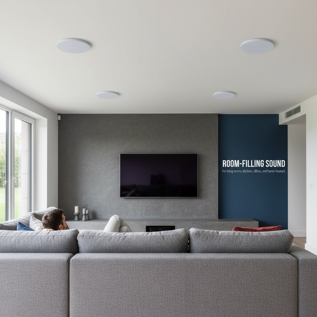 Herdio in-ceiling speakers fully seated flush with a ceiling in a home theater