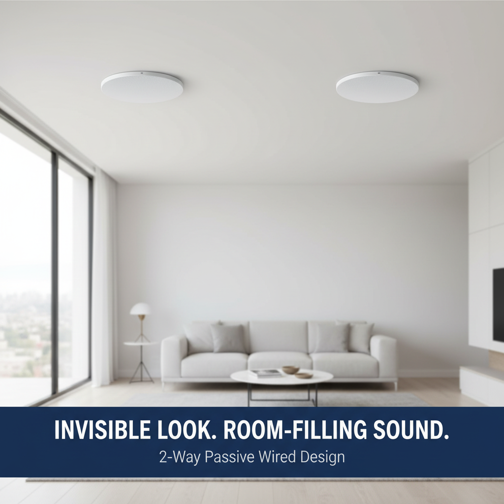 Herdio in-ceiling speakers installed flush in a bright living room with room-filling sound headline