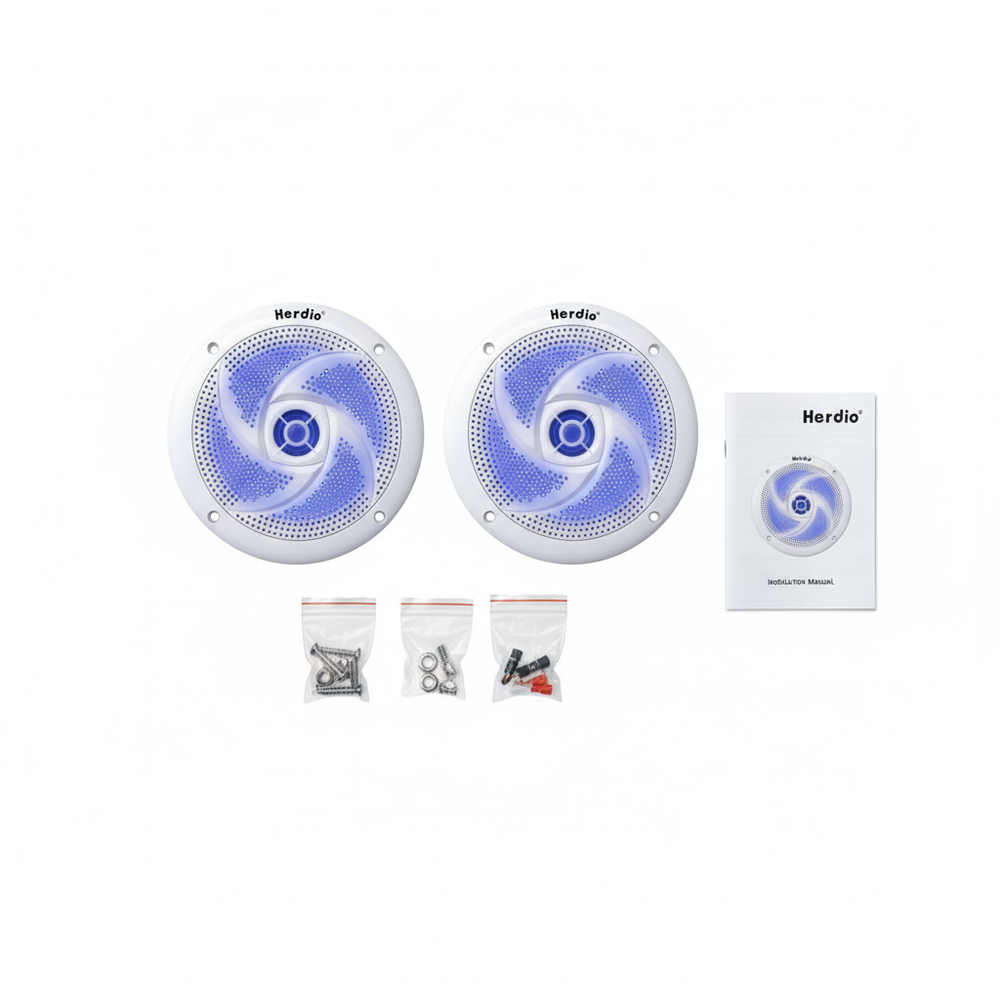 Herdio marine speakers package contents with mounting hardware and accessories