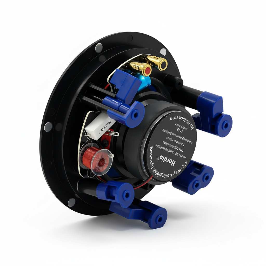 Herdio in-ceiling speaker rear assembly showing the real black chassis, driver, coil, blue mounting brackets, gold terminals, and wiring