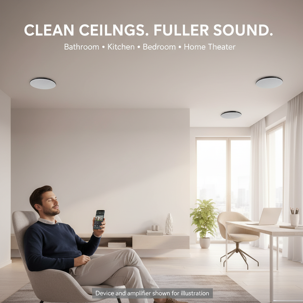 Herdio concealed in-ceiling speaker flush mounted in a home office ceiling