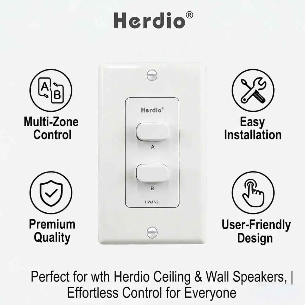 Herdio 2-Channel In-Wall Speaker Selector Switch 120W | Volume Controller for Home Audio
