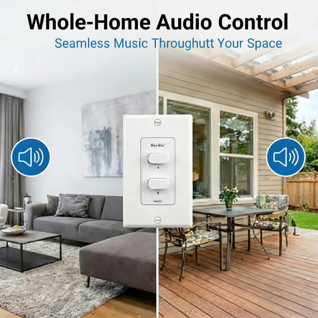 Herdio 2-Channel In-Wall Speaker Selector Switch 120W | Volume Controller for Home Audio
