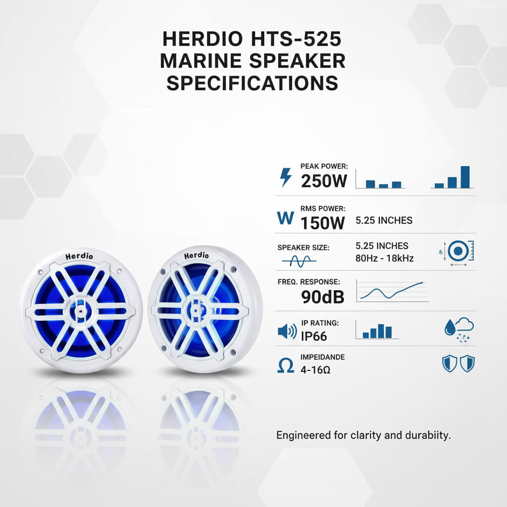 Herdio 5.25" Marine Speakers 250W | IP66 Waterproof with Blue LED Lights for Boat & ATV