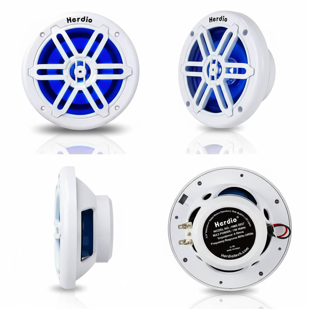 Herdio 5.25" Marine Speakers 250W | IP66 Waterproof with Blue LED Lights for Boat & ATV