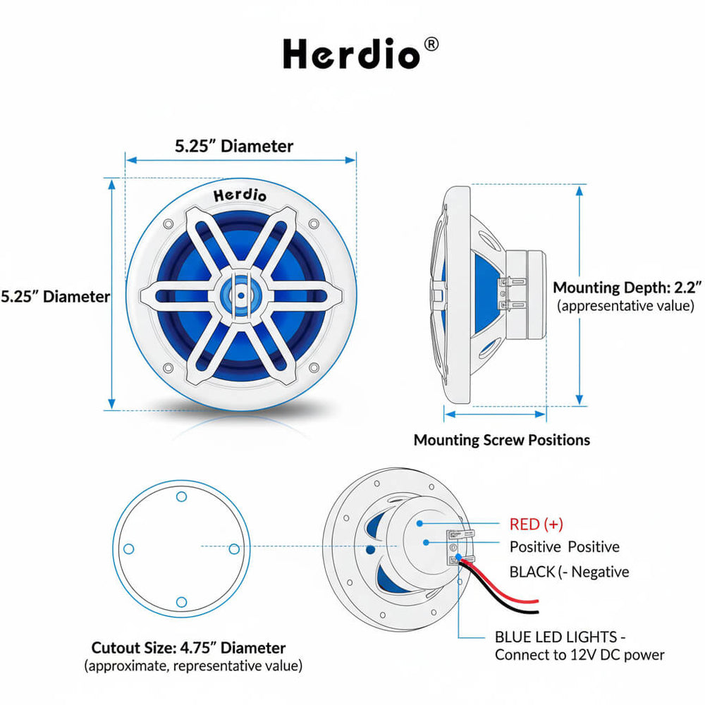 Herdio marine speaker dimensions and mounting details