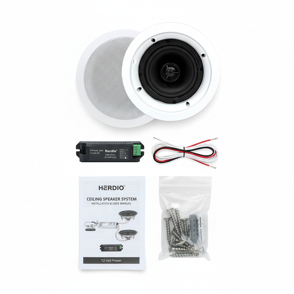 Herdio HCS528BT package contents - complete ceiling speaker kit with mounting accessories and installation hardware