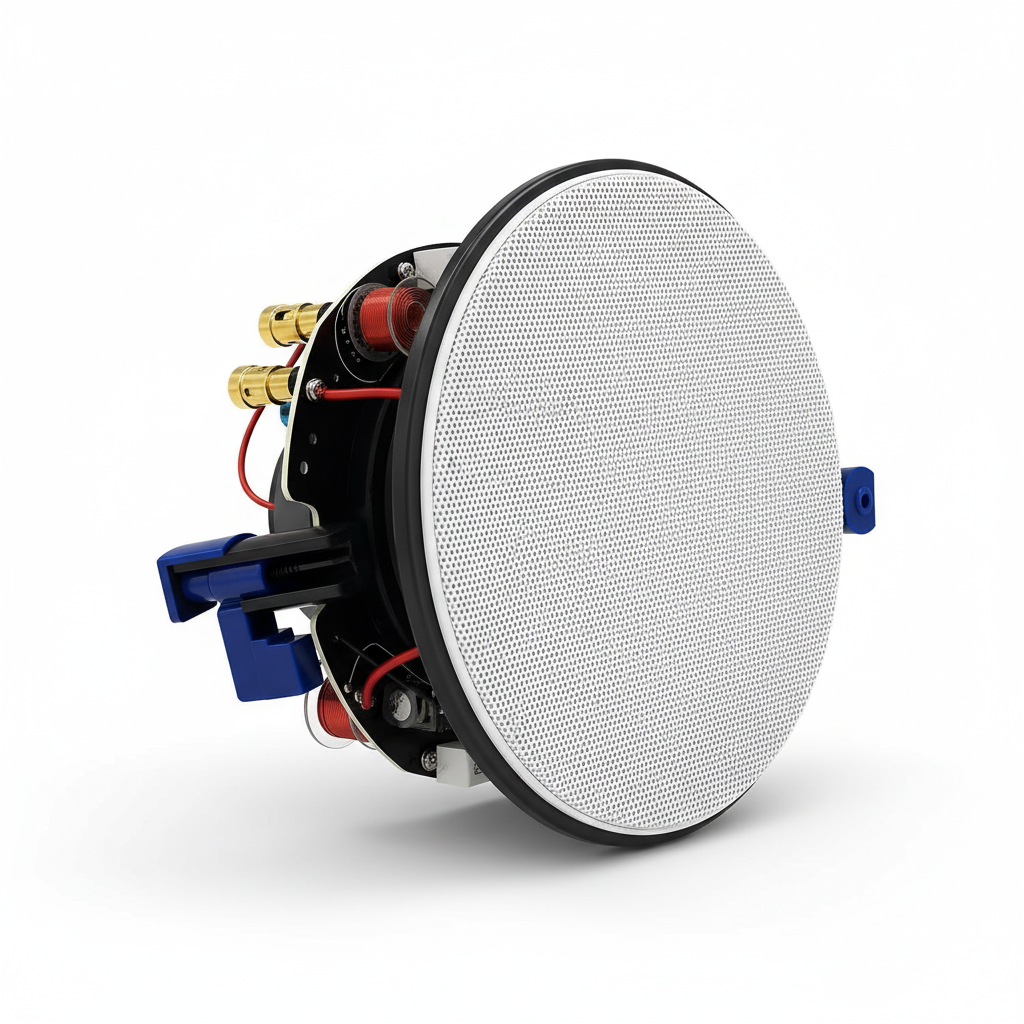 Herdio in-ceiling speaker shown from the side with the real white grille, black rear enclosure, blue mounting brackets, gold terminals, and wiring