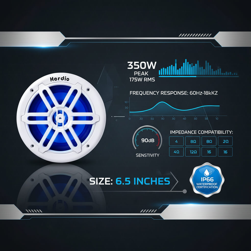 Herdio 6.5" Marine Speakers 350W | IP66 Waterproof with Blue LED Lights for Boat & ATV