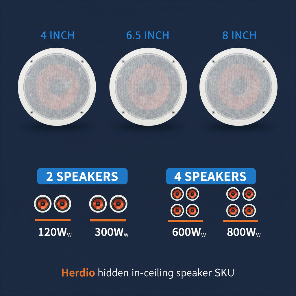 Herdio 4 inch, 6.5 inch, and 8 inch hidden ceiling speaker size and power comparison