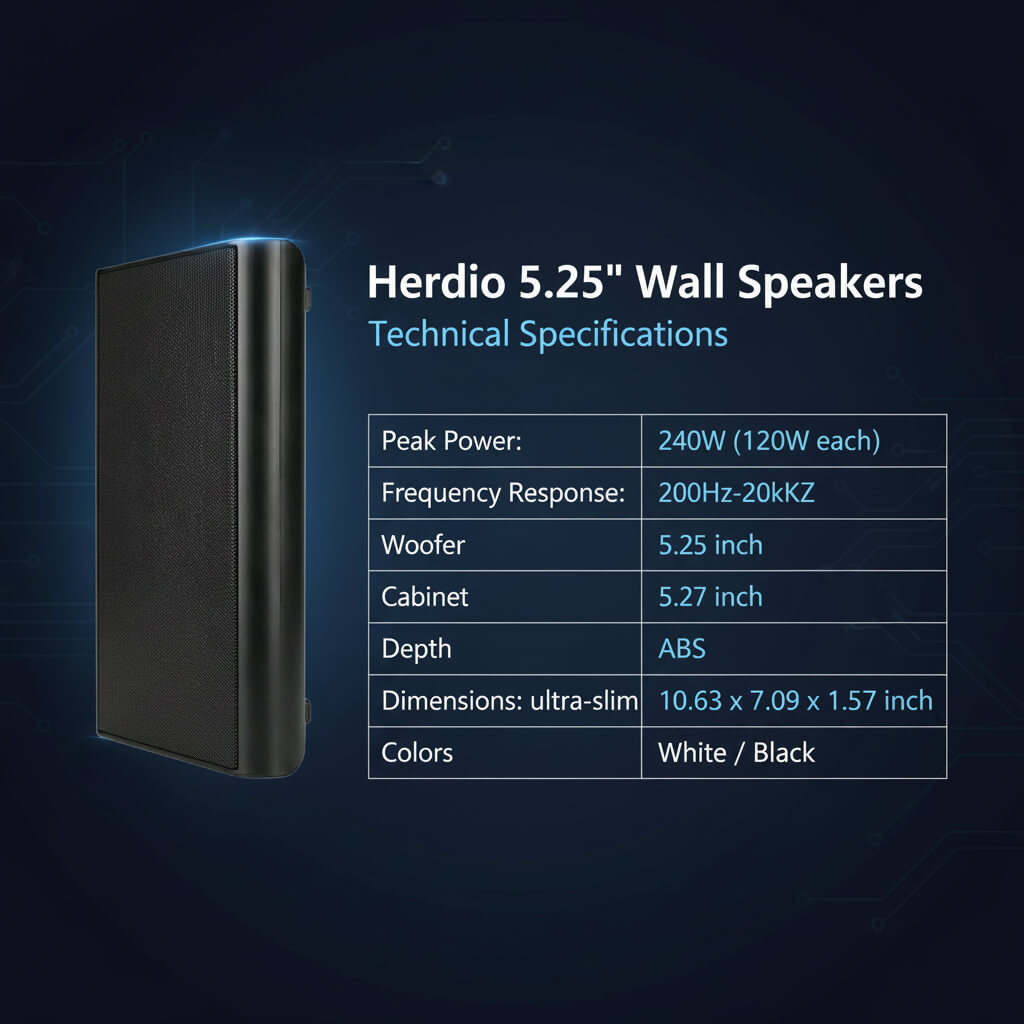 Herdio 5.25" Ultra-Slim Wall Mount Speakers 240W | Home Theater Speakers Pair
