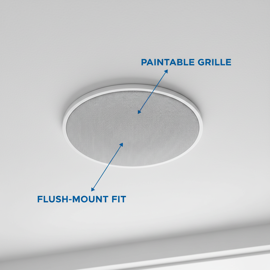 Herdio in-ceiling speaker with callouts for paintable grille and flush-mount fit