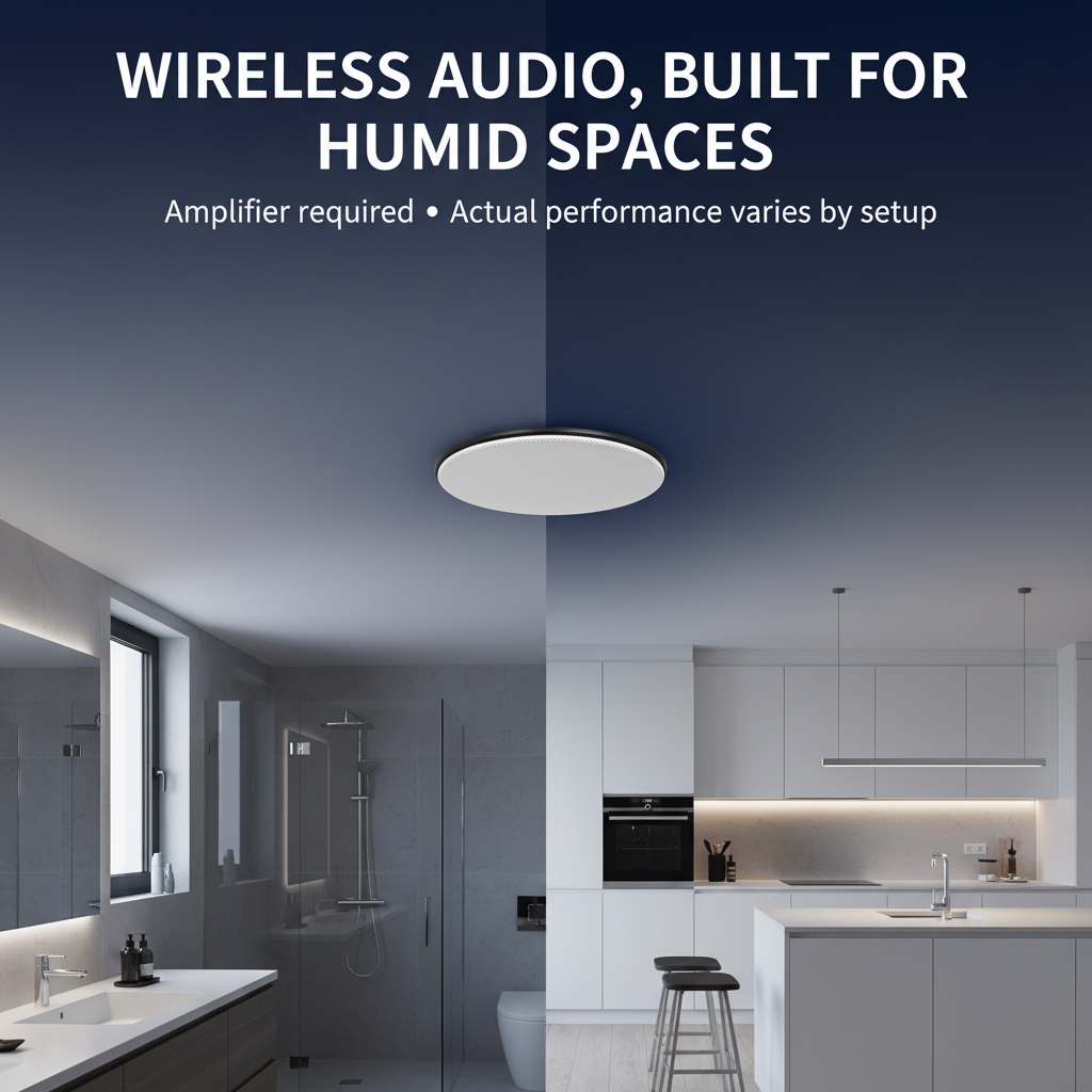 Herdio concealed in-ceiling speaker installed flush in a bathroom and kitchen ceiling