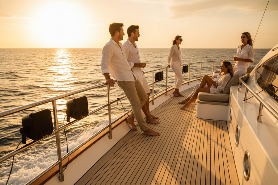 Waterproof marine speakers installed on yacht deck outdoor boating lifestyle scene
