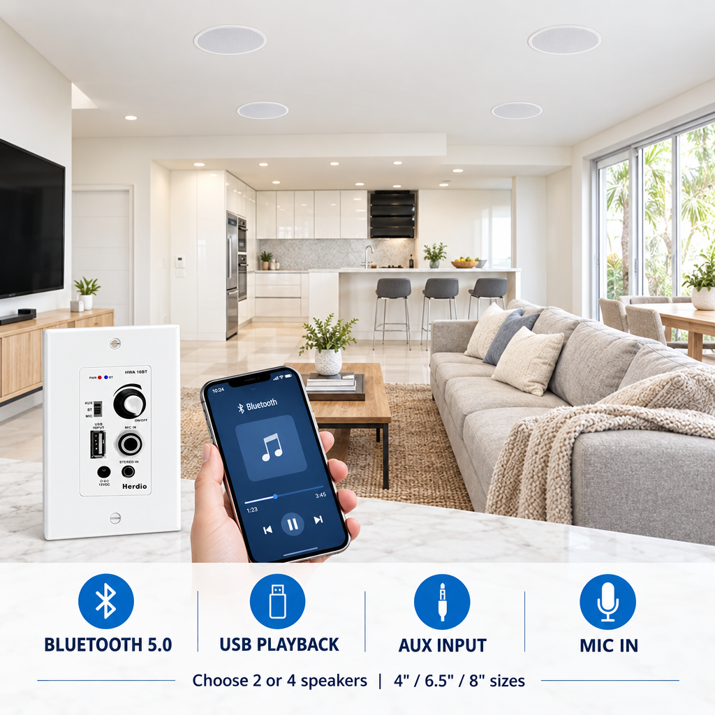 Herdio hidden ceiling speakers with Bluetooth 5.0, USB, AUX, MIC, and multiple size configurations