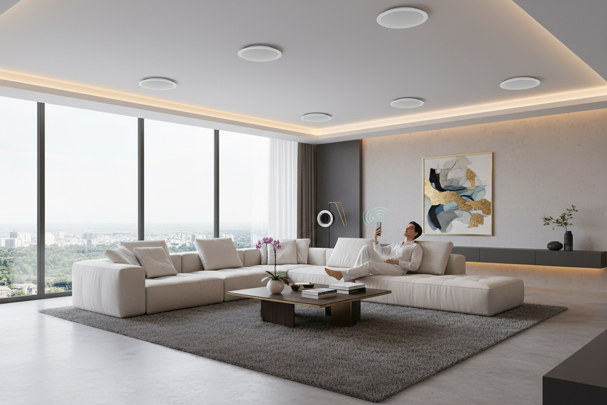 Luxury living room with Herdio ceiling speakers - wireless Bluetooth home audio installation for modern interiors