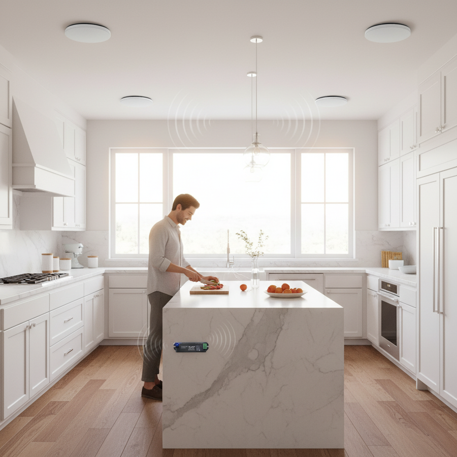 Kitchen installation example of Herdio Bluetooth ceiling speakers for whole home audio system
