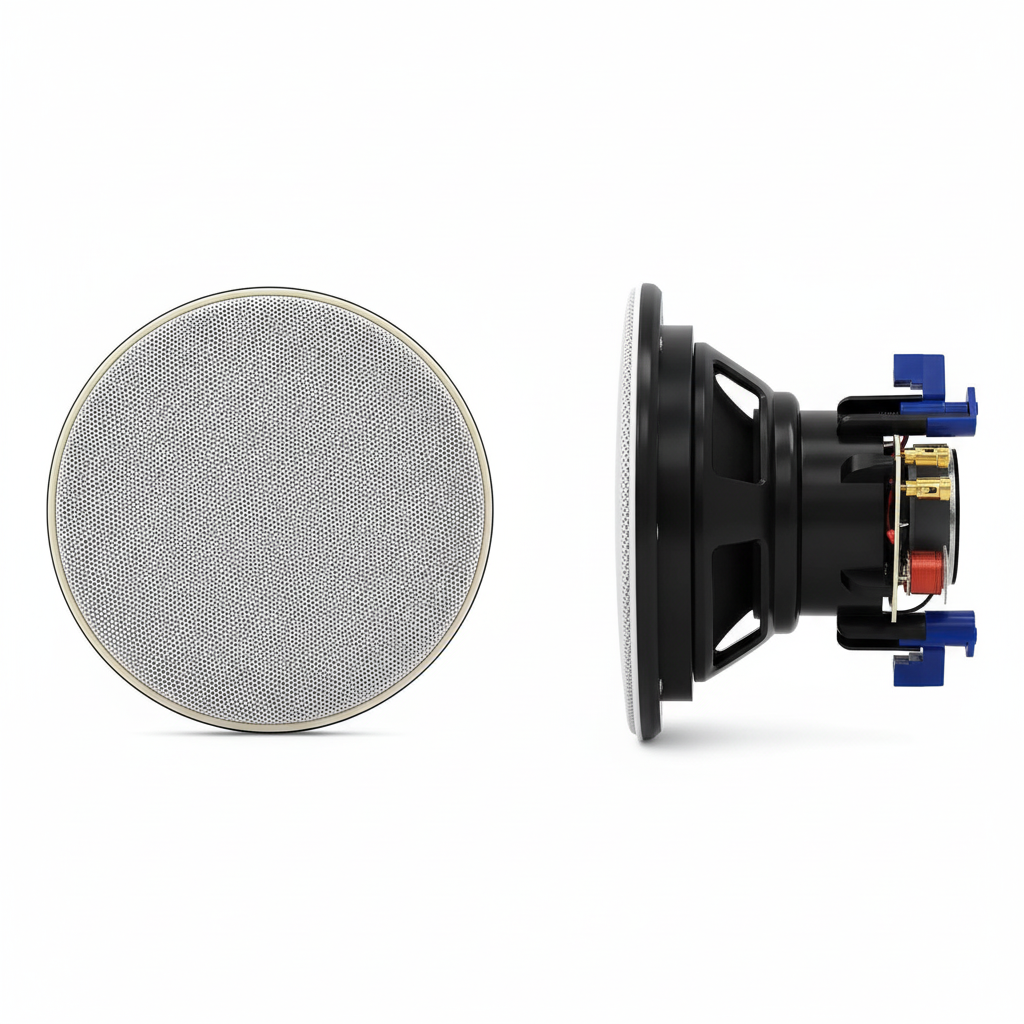 Herdio concealed in-ceiling speaker with flush white grille on a white background