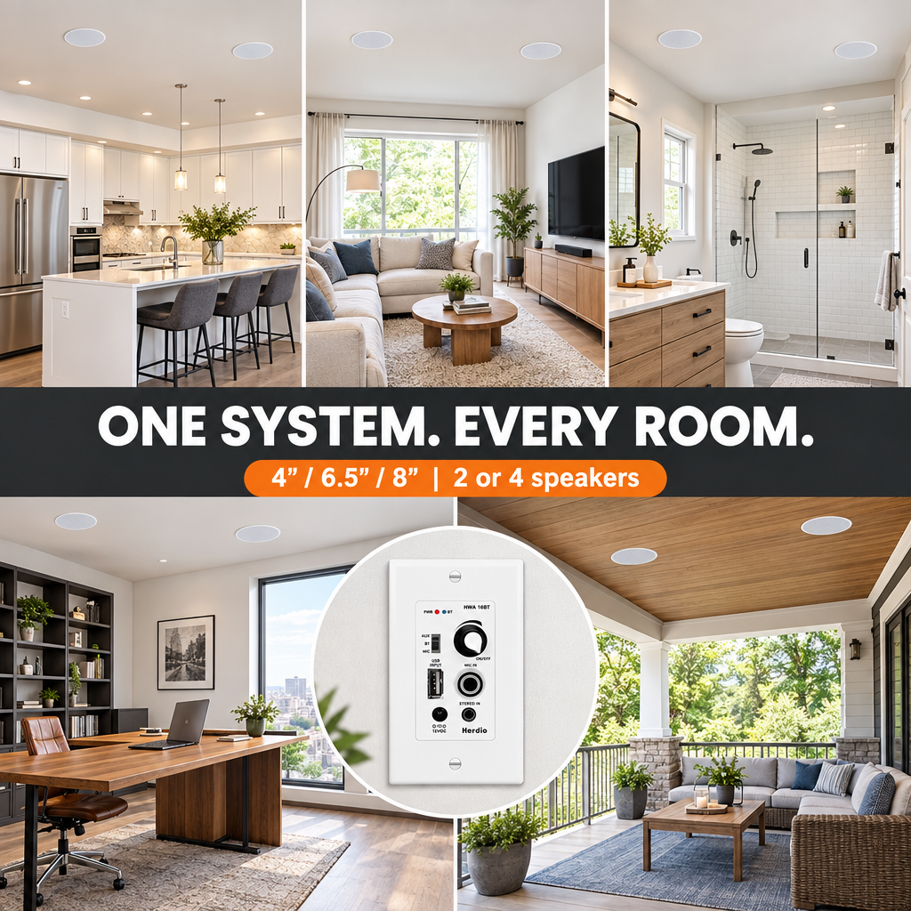 Herdio hidden ceiling speakers for kitchen, living room, bathroom, office, and covered porch