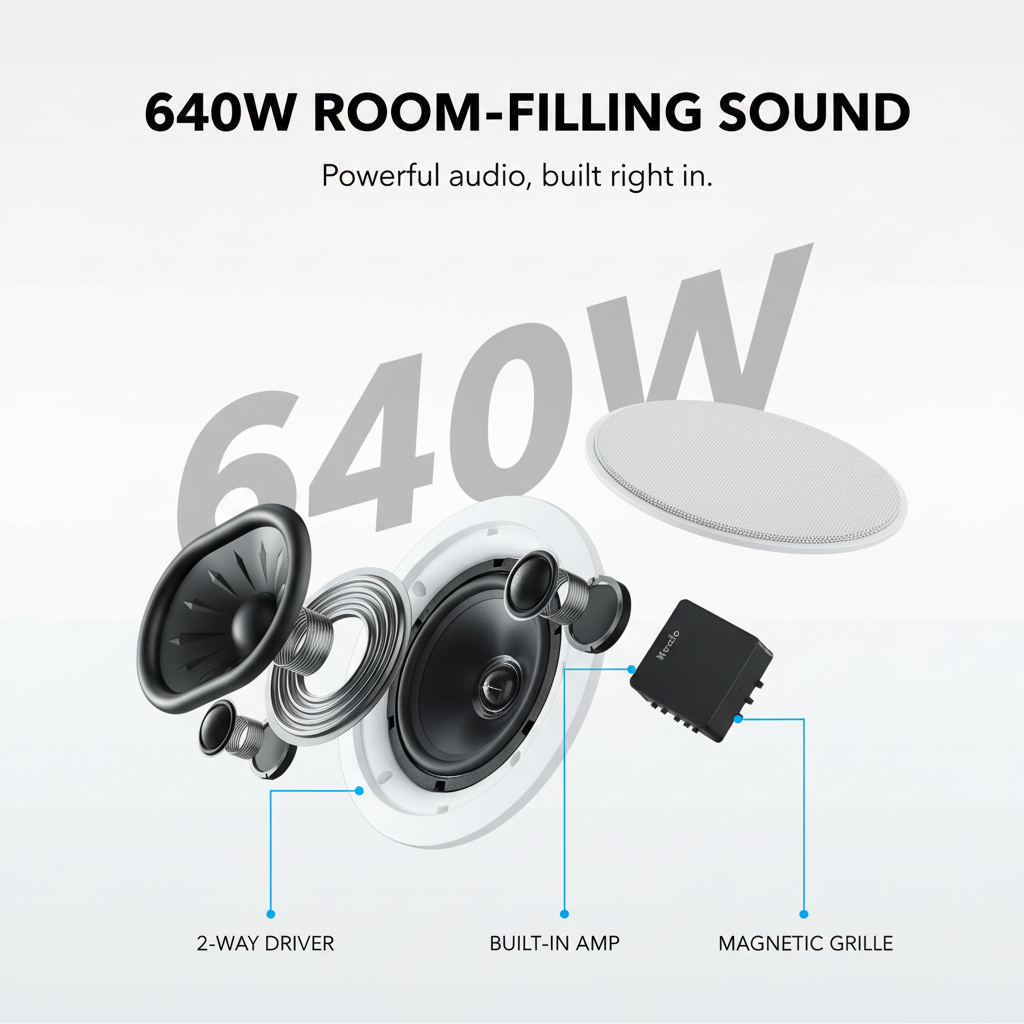 Exploded view of Herdio ceiling speaker components showing 640W room-filling sound, built-in amplifier and magnetic grille