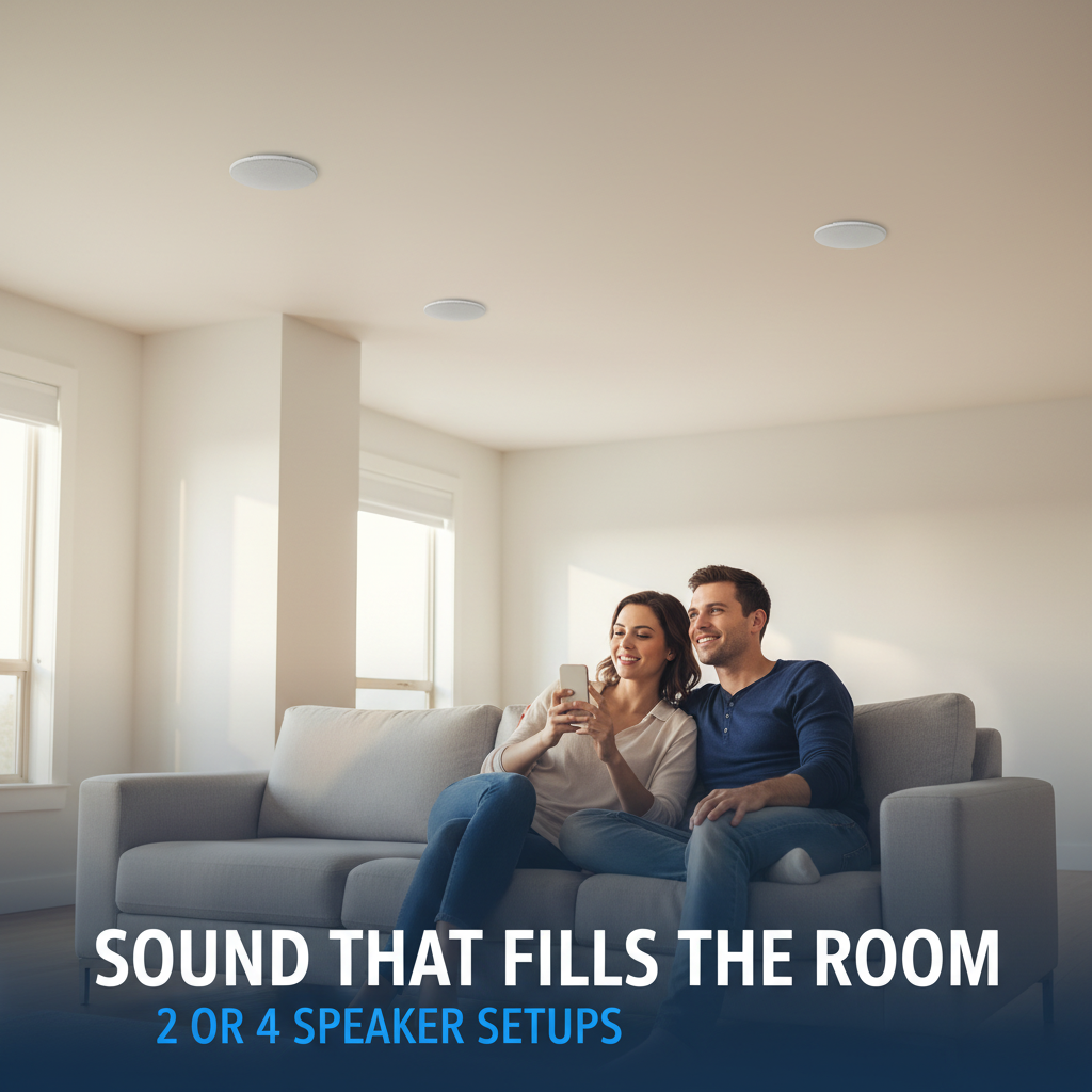 Modern living room with Herdio white perforated speaker grilles installed fully flush in the ceiling