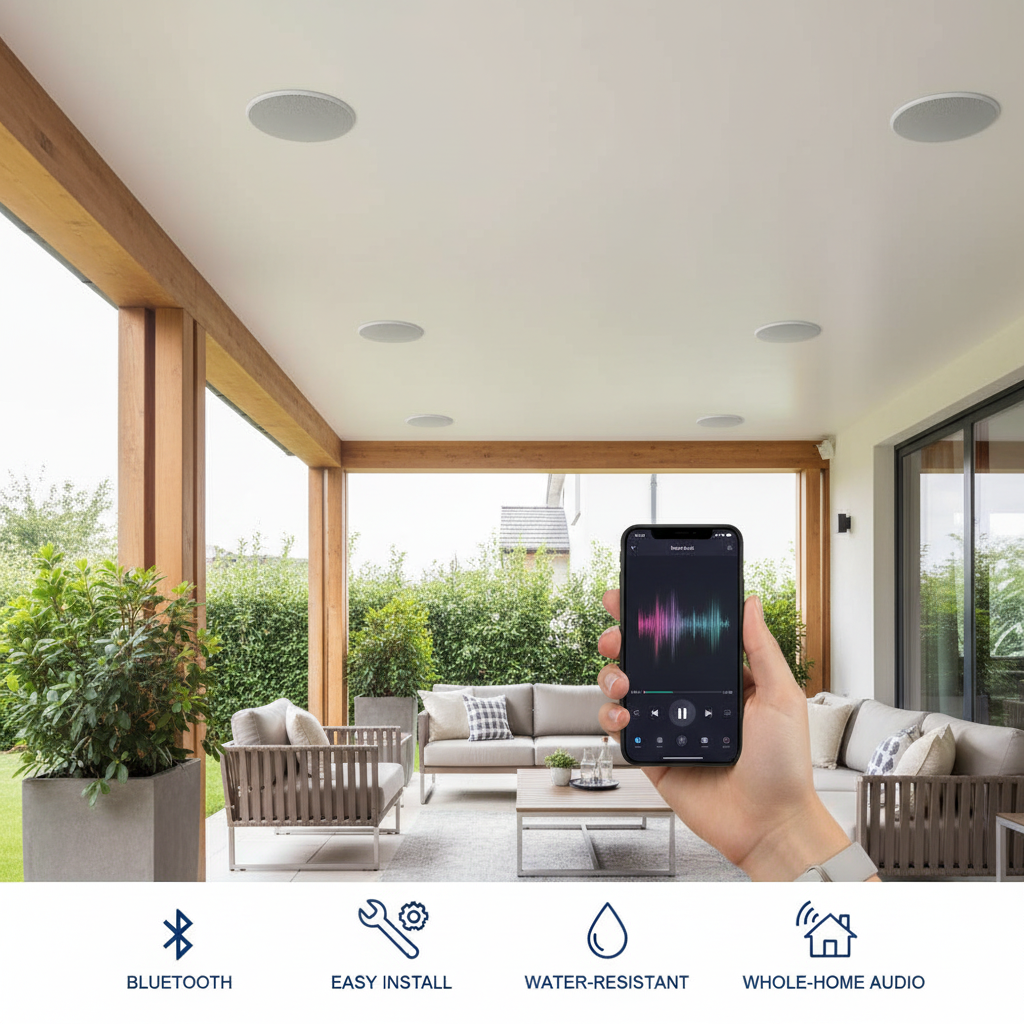 Herdio white perforated speaker grilles installed fully flush in a covered patio ceiling with Bluetooth music control