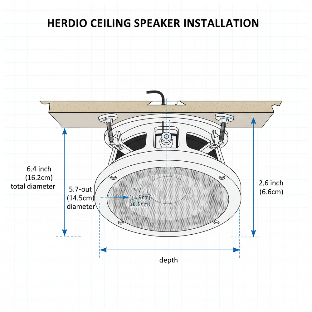 Installation dimensions and cutout size diagram for Herdio 4 inch ceiling speakers mounting guide