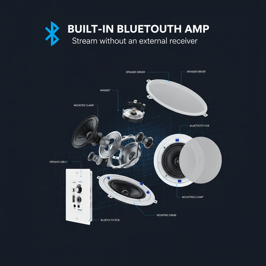 Technical exploded view of Herdio ceiling speaker with built-in Bluetooth amplifier and speaker components