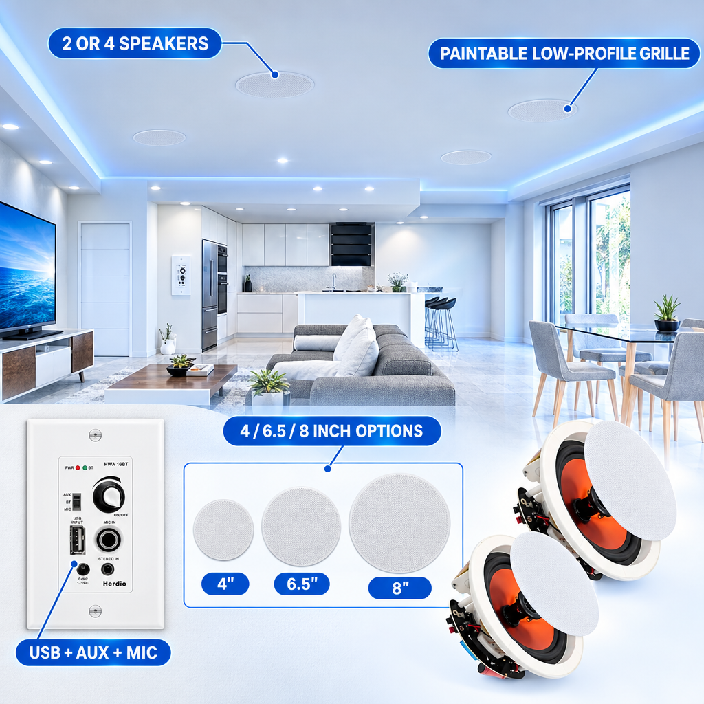 Herdio hidden flush-mount ceiling speaker features and available sizes with wall amplifier