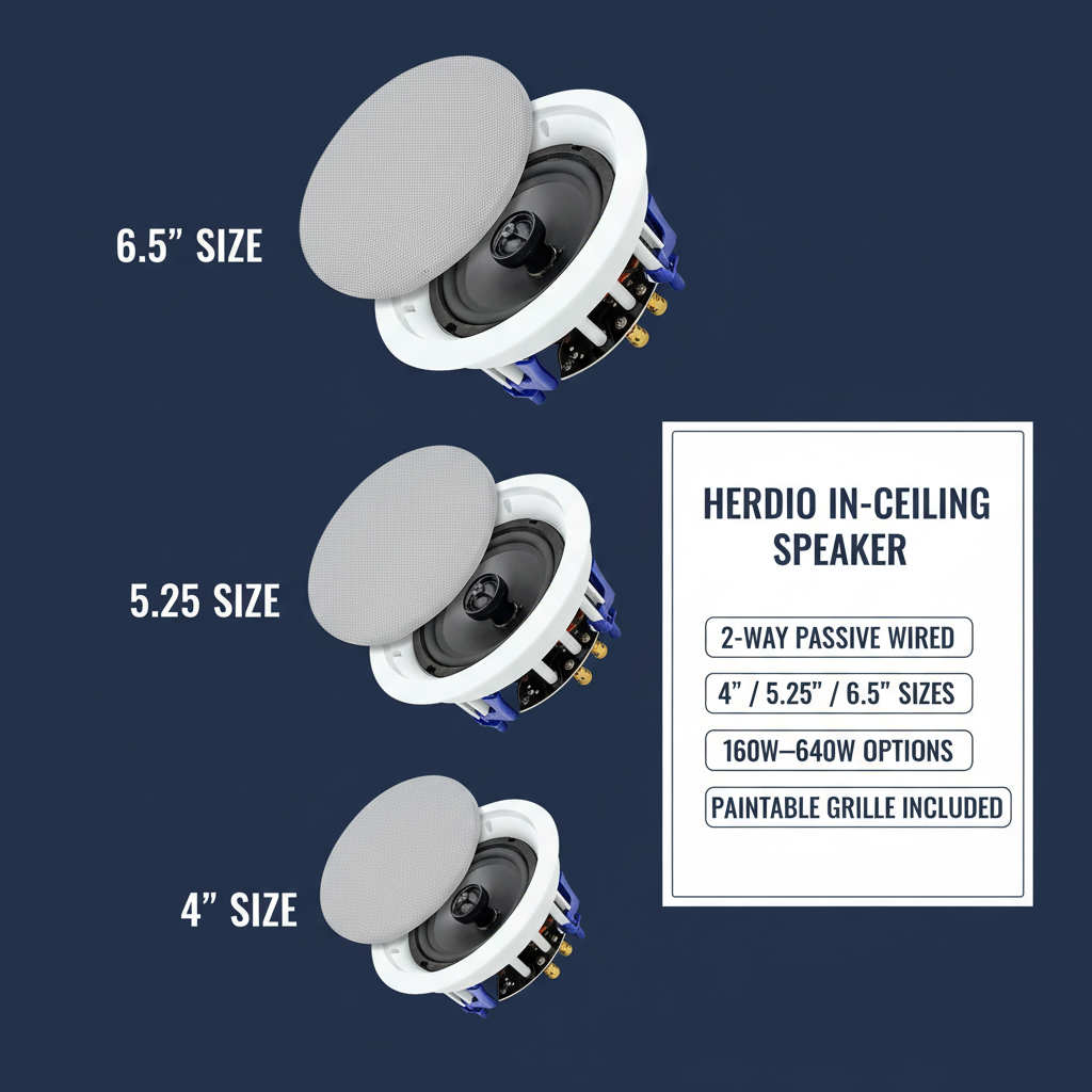 Herdio two-way passive wired in-ceiling speaker sizes and power options