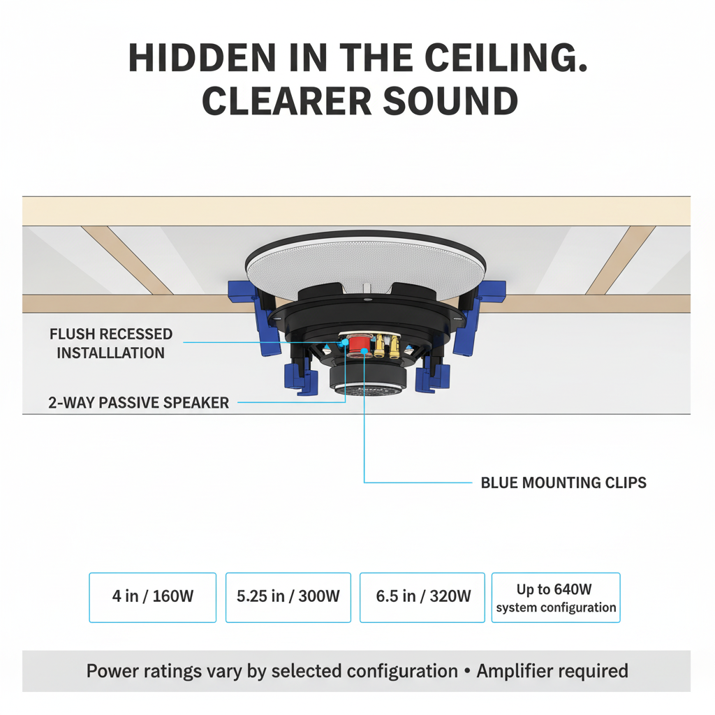 Herdio concealed in-ceiling speaker recessed above the ceiling with flush installation cross-section