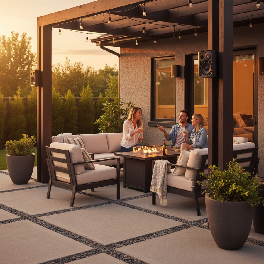 Weatherproof Bluetooth outdoor speakers mounted on patio pergola delivering premium sound for outdoor entertainment and gatherings
