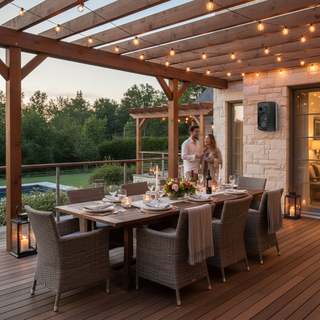 Outdoor Speakers Deck Evening Scene