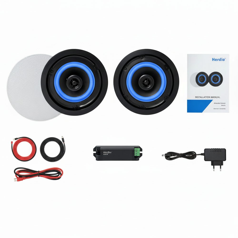 Herdio ceiling speakers package contents showing all included accessories and installation hardware