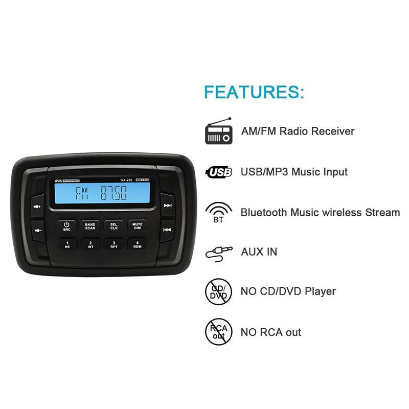 UTV Stereo Sound System Headunit Bluetooth Receiver Speaker Kit + 4 Inches Waterproof Speakers - Herdio