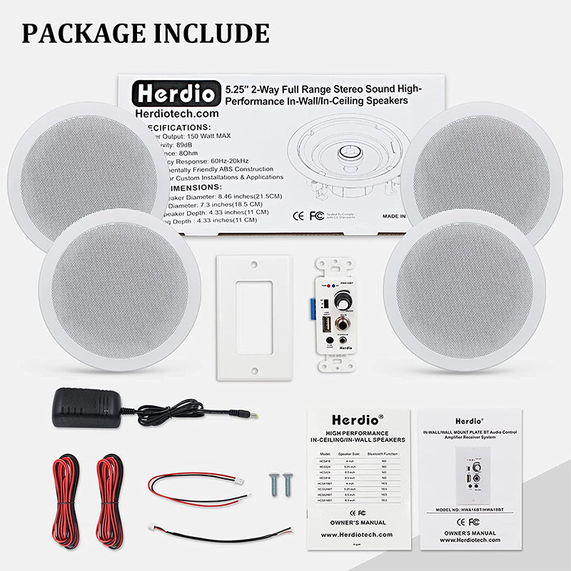 5.25" Bluetooth Ceiling Speakers 600 Watts HCS528-16BT-4CH (4 Speakers) - Herdio